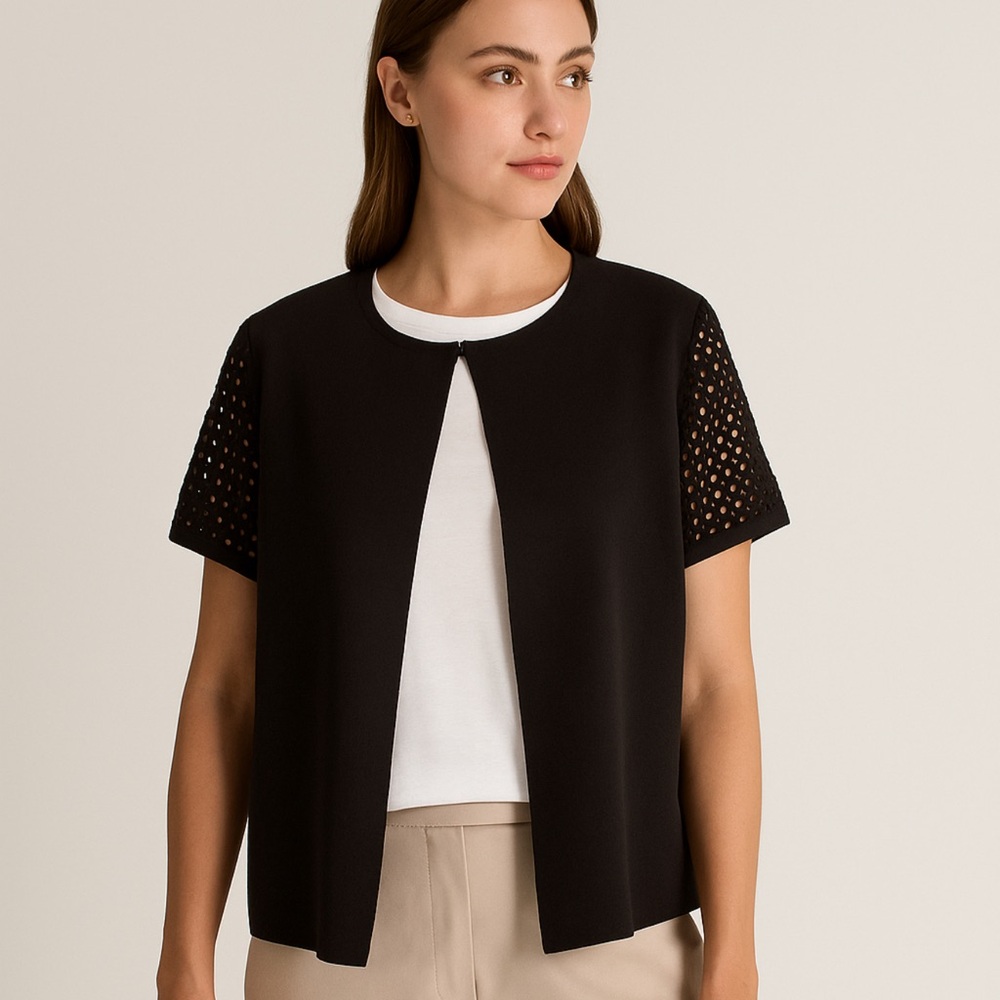Lafayette 148 eyelet short sleeve cardigan black